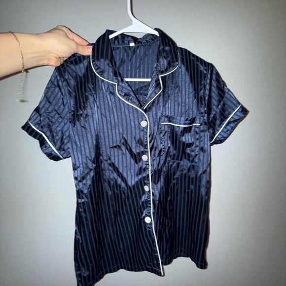 Striped Button Front Satin Pajama Set Navy Blue Size small cute comfy sexy - Picture 9 of 14